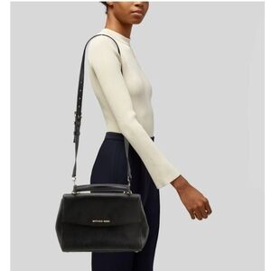 Michael Kors AVA Black Leather Shoulder Bag with Gold Accents